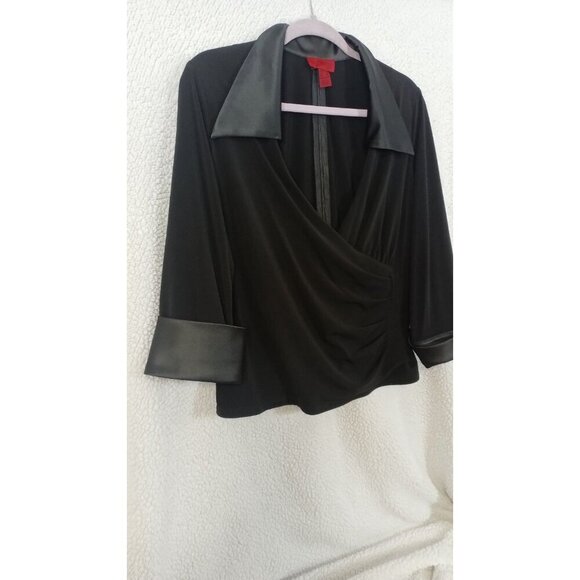 JS Collections Womens Black Blouse Chic Satin Cuffs And Collar Zip Back Size 16 - Picture 9 of 13